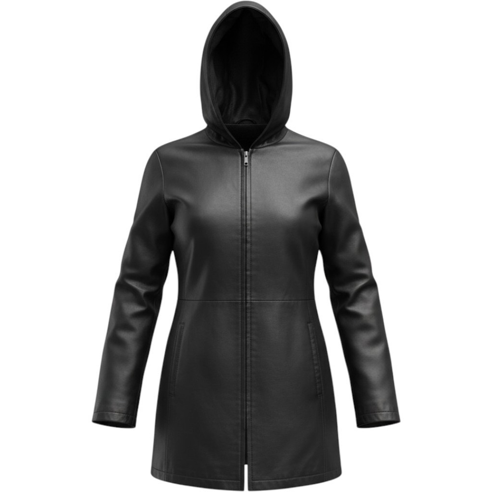 Vtg Outbrook Womens Black Leather Hooded Jacket Mid Length Lined Goth Grunge L